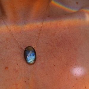 Large High Flash Labradorite Oval Pendant on Silk Cord